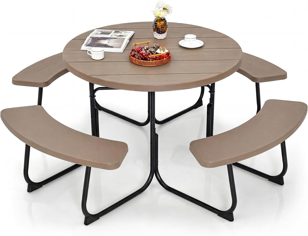 Giantex Picnic Table Set for Up to 8 Persons | Round Outdoor Table and Bench Set with Umbrella Hole