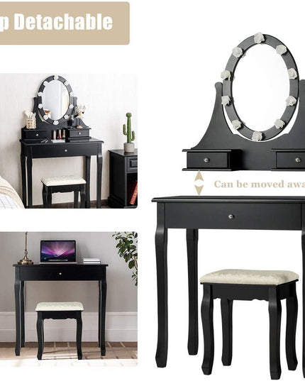 Vanity Set with Lighted Mirror, Makeup Table with 10 Rose Light - Giantexus