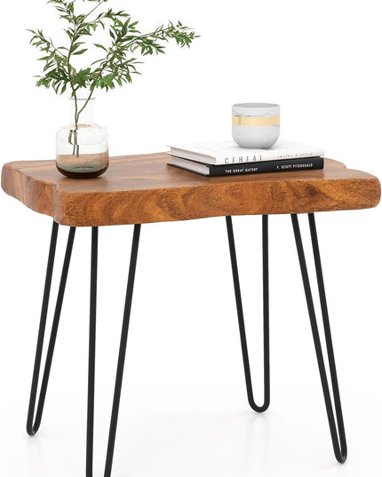Giantex Teak Wood End Table, Solid Live Edge Outdoor Side Table w/Natural Grain & Heavy-Duty Metal Legs
