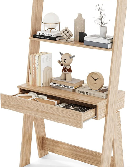 Giantex 3 Tier Ladder Desk with Drawer, 33’’ Width Ladder Shelf with Anti-tipping Device, Freestanding Bookshelf