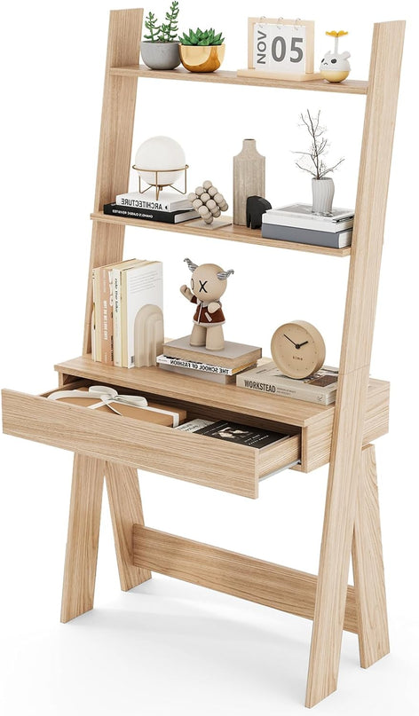 Giantex 3 Tier Ladder Desk with Drawer, 33’’ Width Ladder Shelf with Anti-tipping Device, Freestanding Bookshelf
