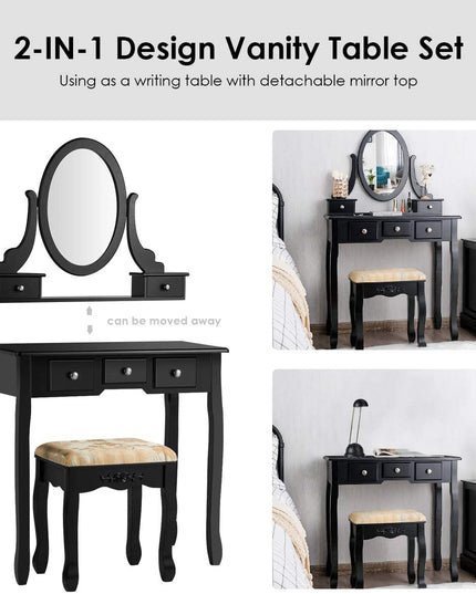 CHARMAID Vanity Table Set with Rotatable Oval Mirror (Black) - Giantexus