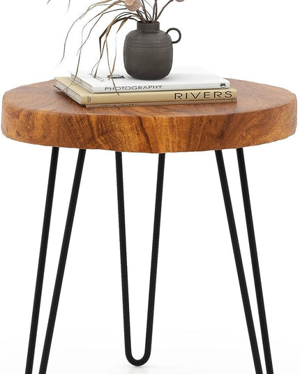Giantex Teak Wood End Table, Solid Live Edge Outdoor Side Table w/Natural Grain & Heavy-Duty Metal Legs