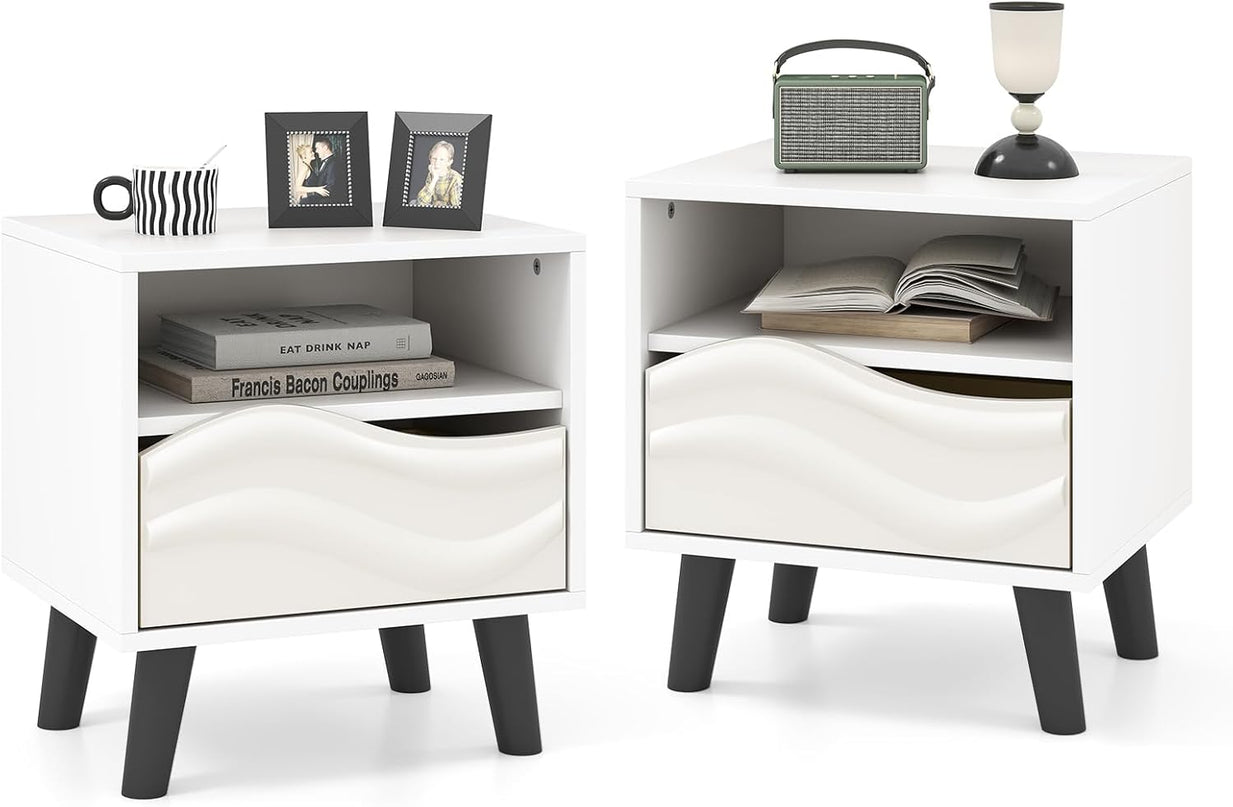 Giantex Mid Century Wood Bedside Table with 3D Wavy Pattern & Open Shelf