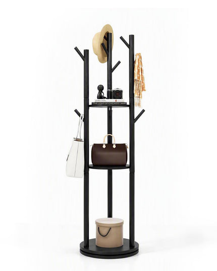 Giantex Coat Rack Freestanding, Wooden Rotary Coat Tree w/ 3 Display Storage Shelves & 9 Hooks