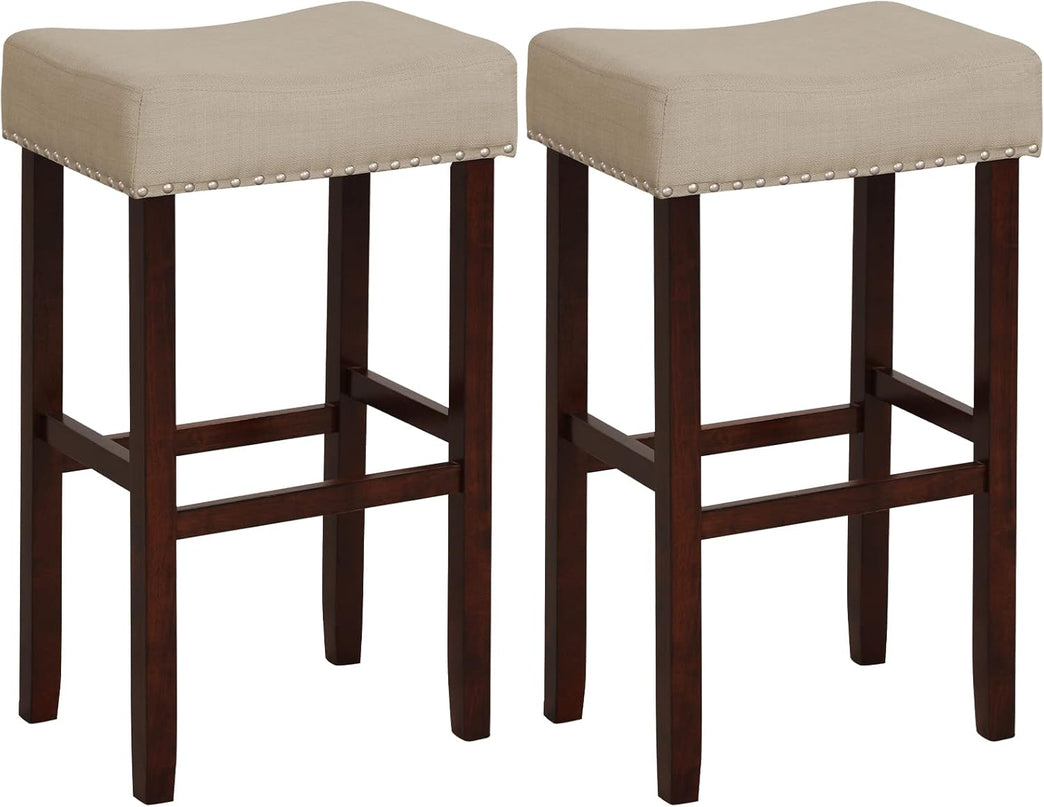 Giantex 29.5" Bar Height Bar Stools Set of 4 - Backless Saddle Barstools with Nailhead Linen Foam Seat