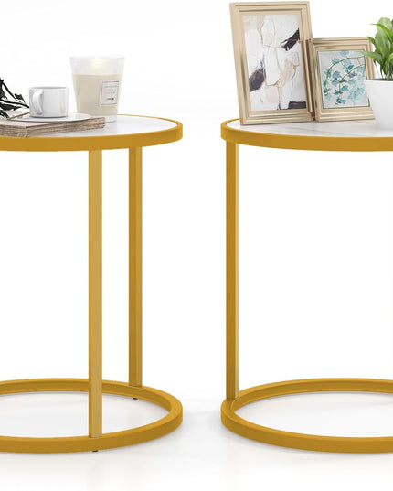 Giantex Faux Marble Side Table, Round End Table with Golden Metal Frame and White Marble Top