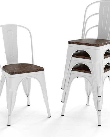 Giantex Metal Dining Chairs Set of 4, Stackable Kitchen Chairs with Wood Seat & Removable Backrest