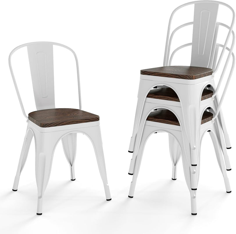 Giantex Metal Dining Chairs Set of 4, Stackable Kitchen Chairs with Wood Seat & Removable Backrest