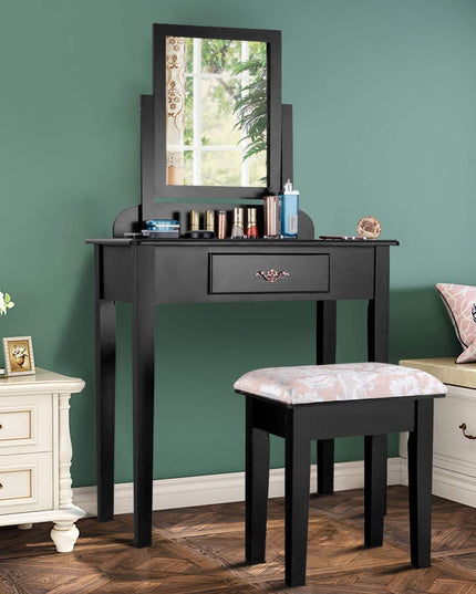 Vanity Dressing Table Stool Set Vanity Tables with Drawers, Black??1 Drawer????o? - Giantexus