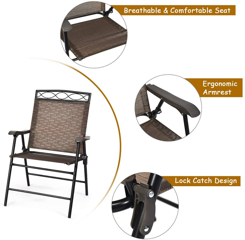 Giantex Patio Dining Set Round Glass Table with 2 Patio Folding Chairs(Brown)