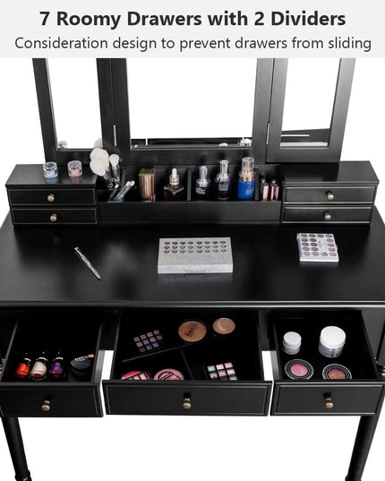 Vanity Set with Tri-Folding Mirror & 8 Necklace Hooks, 7 Drawers, 2 Dividers, 6 Desktop Makeup Organizers - Giantexus