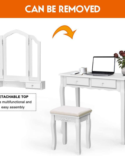 Vanity Set with Tri-Folding Mirror and 4 Drawers Makeup Dressing Table - Giantexus