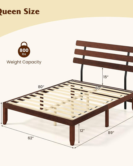 Giantex Mid-Century Modern Solid Wood Platform Bed with Wooden Slats Support & Retro Headboard