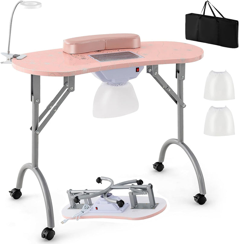 Giantex Nail Desk with Electric Dust Collector, Portable Manicure Table with USB-Plug LED Table Lamp