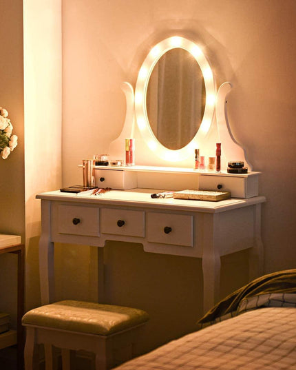 LED Vanity Set Dressing Table with Mirror White Makeup Vanities with Padded Stool - Giantexus