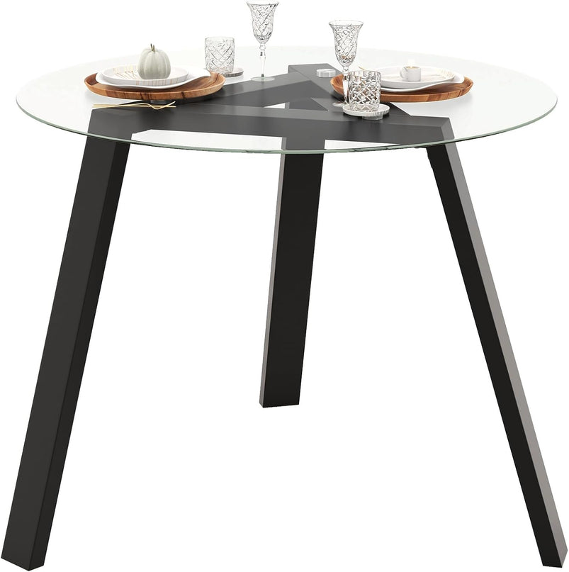 Giantex Round Glass Dining Table for 4 - Small Coffee Table with Rubber Wood Frame
