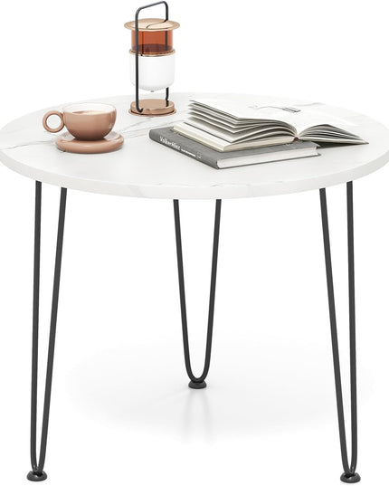 Giantex Round Coffee Table, Faux Marble Center Table with Metal Legs, Sofa Accent Side Table