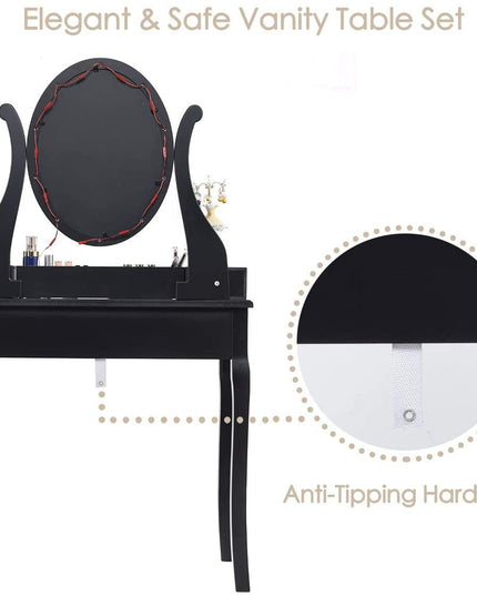 CHARMAID | Vanity Table Set with Lighted Mirror, Makeup Dressing Table with 10 LED Lights, Touch Switch, 5 Drawers - Giantexus