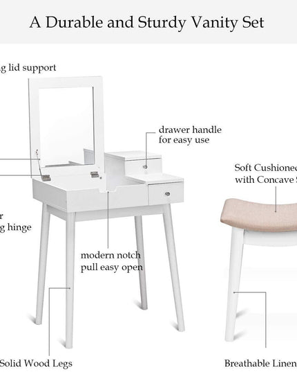 Vanity Table Set with Flip Top Mirror and Cushioned Stool with 2 Drawers, White - Giantexus