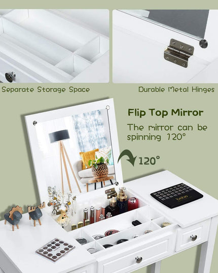 CHARMAID Vanity Set with Flip Top Mirror and 3 Drawers &7 Compartments, White - Giantexus