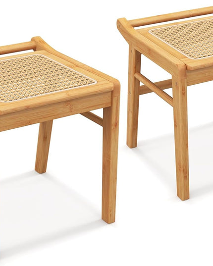 CHARMAID Vanity Stool, Bamboo Ottoman Foot Rest with Rattan Seat, Anti-Slip Foot Pads