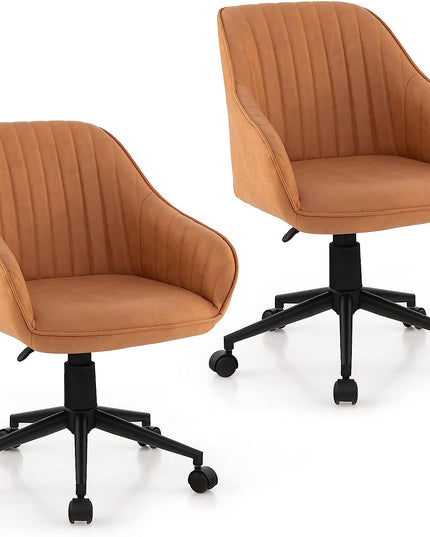 Giantex Leather Office Chair Brown, Mid Century Desk Chair with Wheels and Ergonomic Armrests
