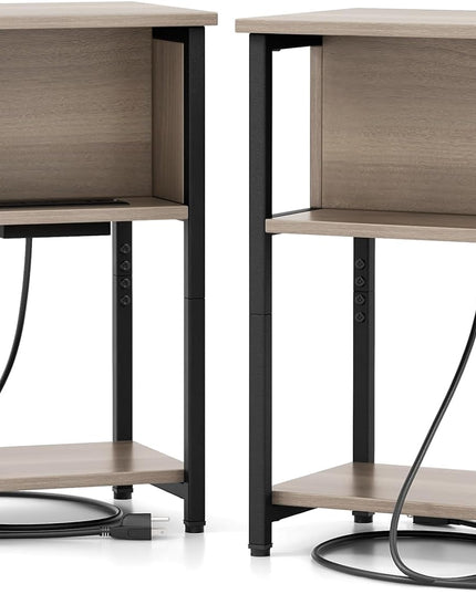 Giantex Nightstand with Charging Station, 3-Tier End Table with USB Ports & Power Outlets