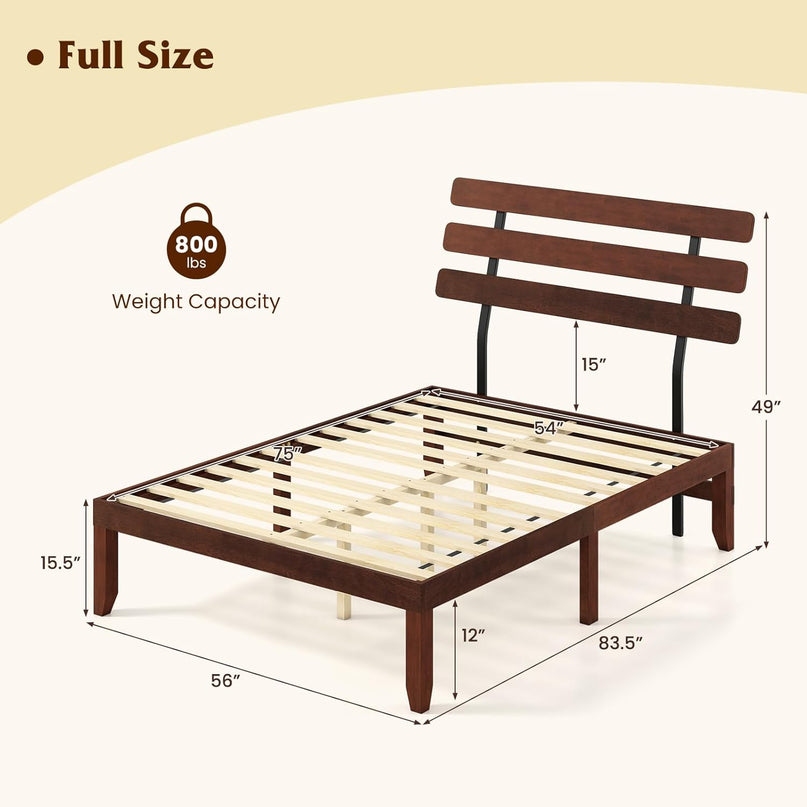 Giantex Mid-Century Modern Solid Wood Platform Bed with Wooden Slats Support & Retro Headboard