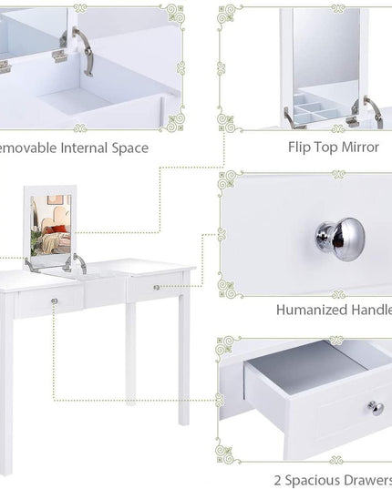 Vanity Table with Flip Top Mirror Easy Assembly, White - Giantexus