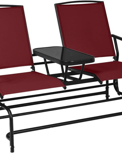 Giantex 2 Person Outdoor Double Glider Chair, Mesh Fabric Rocking Chair w/Center Tempered Glass Table