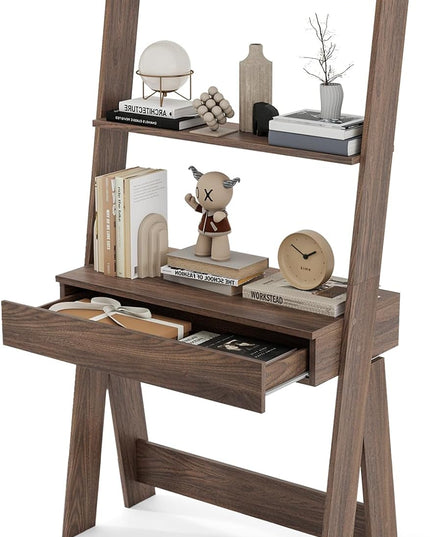 Giantex 3 Tier Ladder Desk with Drawer, 33’’ Width Ladder Shelf with Anti-tipping Device, Freestanding Bookshelf