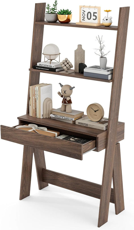 Giantex 3 Tier Ladder Desk with Drawer, 33’’ Width Ladder Shelf with Anti-tipping Device, Freestanding Bookshelf