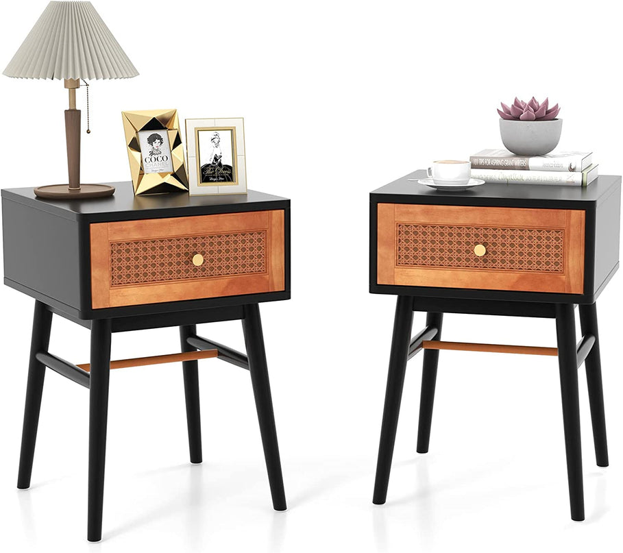 Giantex Rattan Nightstand, Boho End Side Table with Rattan Decorated Storage Drawer & Solid Wood Legs