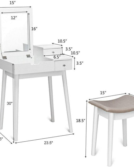Vanity Table Set with Flip Top Mirror and Cushioned Stool with 2 Drawers, White - Giantexus