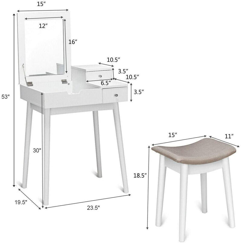 Vanity Table Set with Flip Top Mirror and Cushioned Stool with 2 Drawers, White - Giantexus
