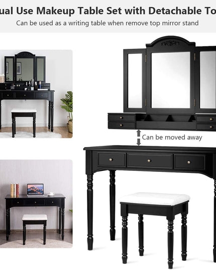 Vanity Set with Tri-Folding Mirror & 8 Necklace Hooks, 7 Drawers, 2 Dividers, 6 Desktop Makeup Organizers - Giantexus