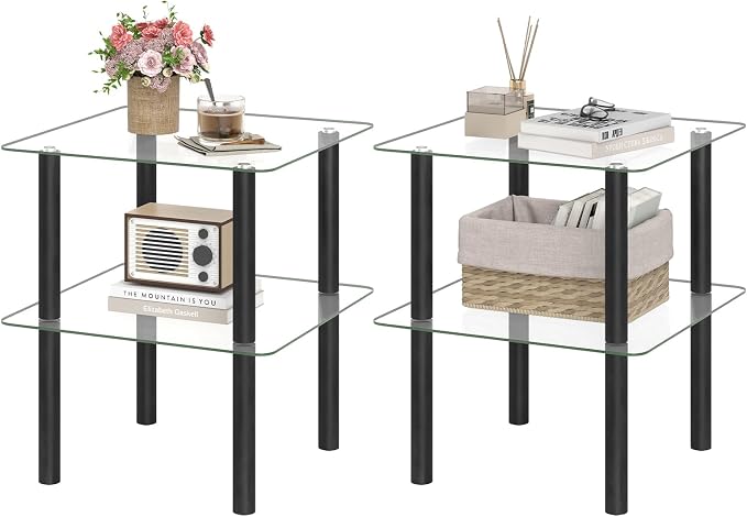 Giantex Square End Table, 2-Tier Sofa Side Table with Clear Tempered Glass Top & Shelf