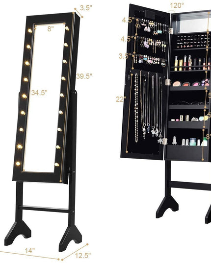 Standing Jewelry Armoire with 18 LED Lights Around the Door