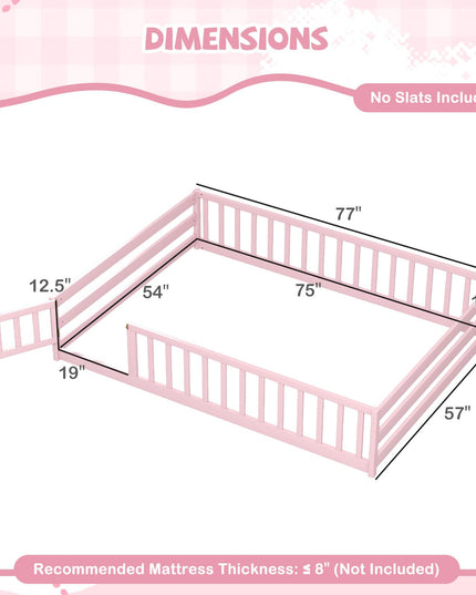 Giantex Floor Bed with Door & Fence Kids Wood Montessori Bed