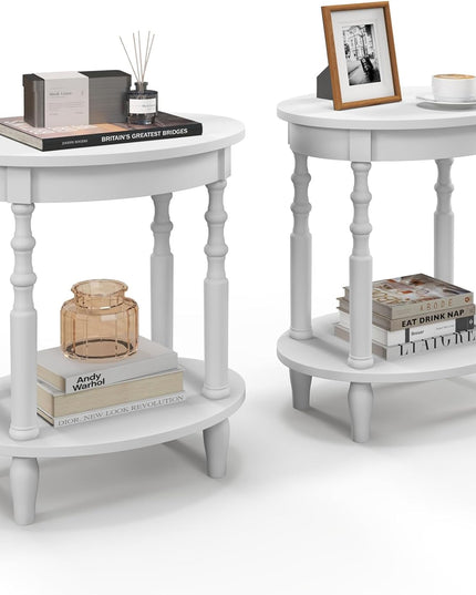 Giantex End Table with Storage Shelf Set of 2, 24.5" Oval Round Side Table with Solid Wood Legs