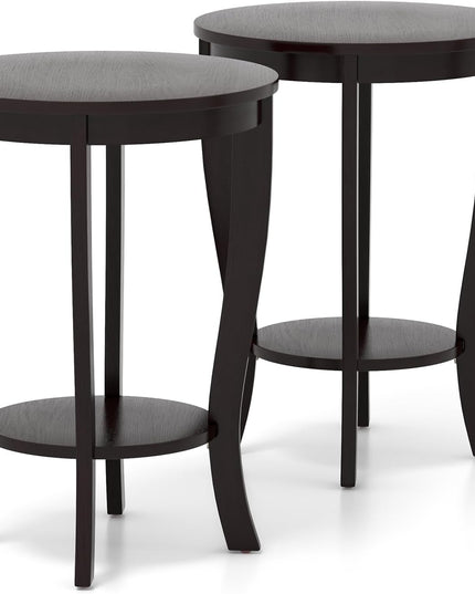 Giantex Round End Table with Storage Shelf Set of 2, Retro Nightstand with Solid Wood Legs, 24.5" Accent Table for Small Spaces