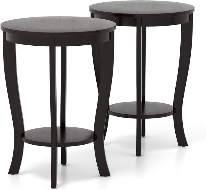 Giantex Table d'appoint ronde avec étagère de rangement, lot de 1/2, table de chevet rétro avec pieds en bois massif, table d'appoint de 62,2 cm pour petits espaces
