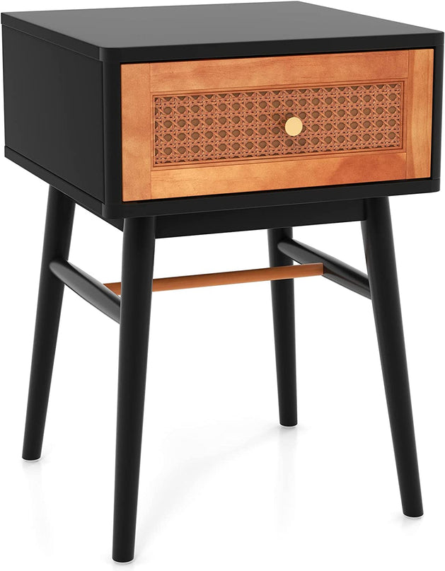 Giantex Rattan Nightstand, Boho End Side Table with Rattan Decorated Storage Drawer & Solid Wood Legs