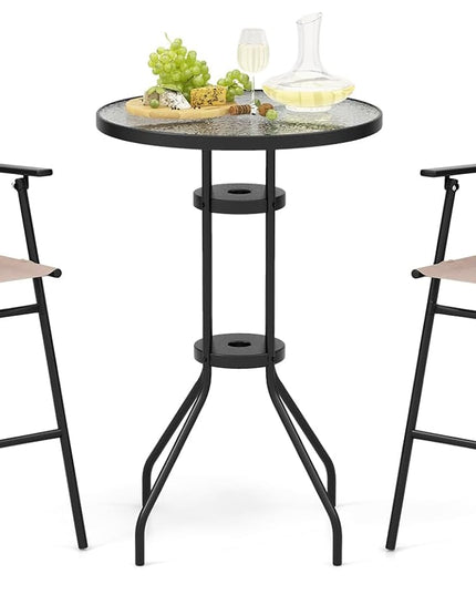 Giantex 3 PCS Outdoor Bistro Set, Patio Bar Table with 2 Folding Chairs