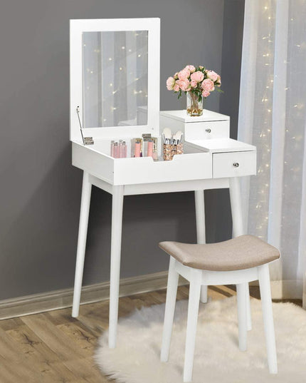 Vanity Table Set with Flip Top Mirror and Cushioned Stool with 2 Drawers, White - Giantexus