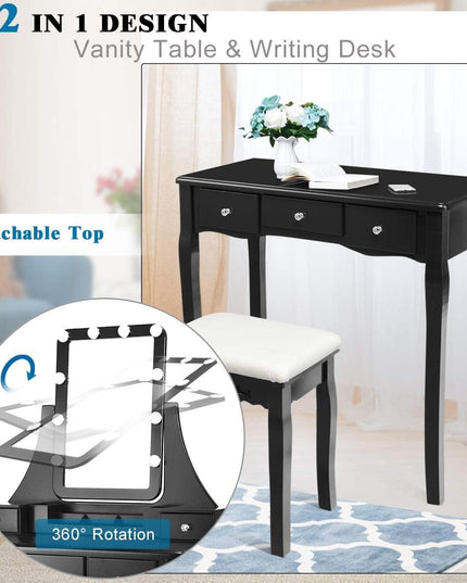 Vanity Set with Lighted Mirror, 10 Dimmable Light Bulbs Vanity Dressing Table, 5 Drawer with 2 Dividers Removable Organizer - Giantexus
