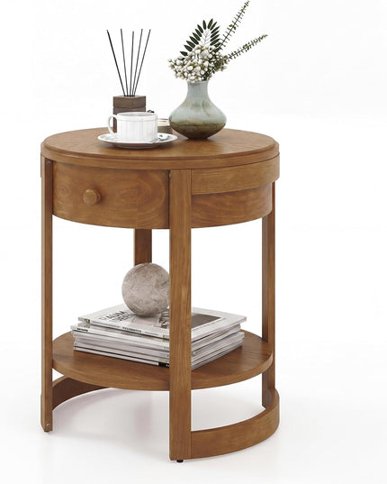 Giantex Round Side Tables Set of 1/2 | 2-Tier Retro End Tables with Drawer & Shelf