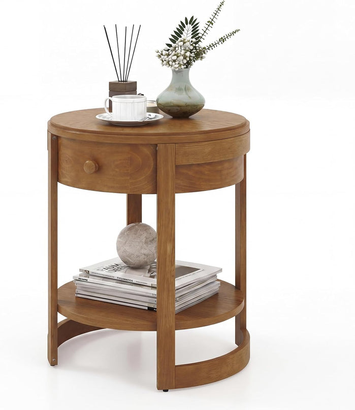 Tables d'appoint rondes Giantex (lot de 1 ou 2), tables de chevet rétro à 2 niveaux avec tiroir et étagère