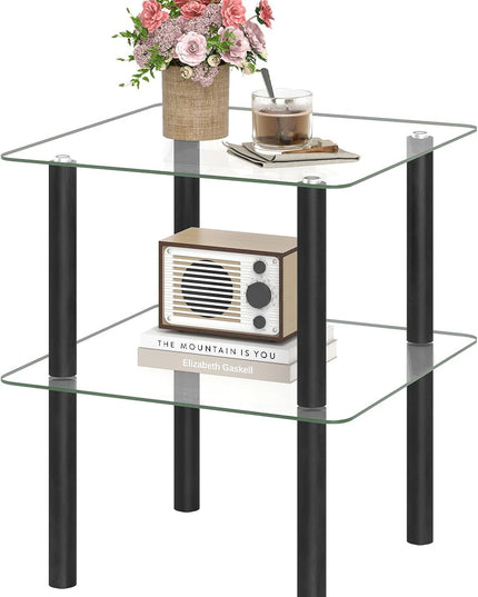 Giantex Square End Table, 2-Tier Sofa Side Table with Clear Tempered Glass Top & Shelf